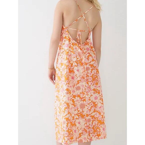 J Crew Tie-Front Cotton Poplin Midi Dress in Orange Floral Women's L NEW - Picture 2 of 8